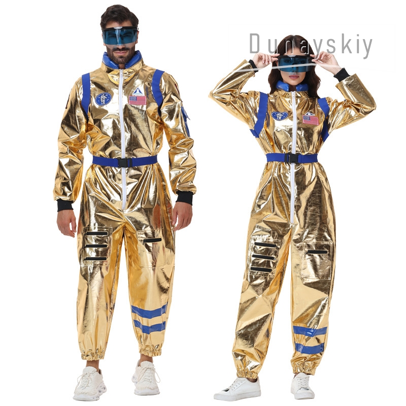 Anime Cosplay Couple - Fantasia de Astronauta Dourada Metálica Brilhante